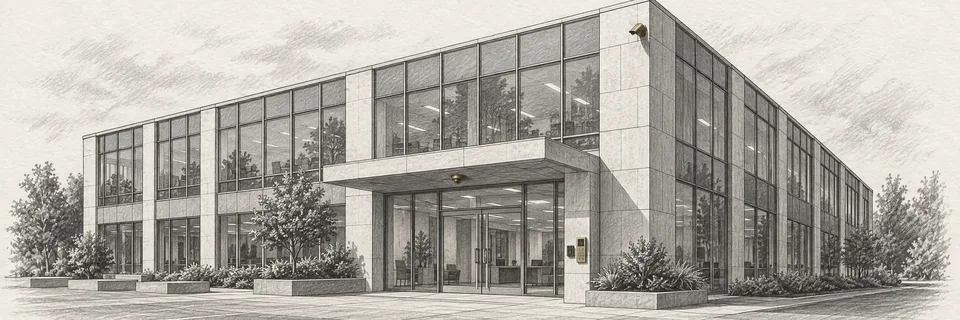 Graphite pencil drawing of a modern office building entrance with a card reader, intercom panel and discreet cameras