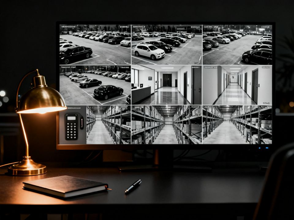 Security desk monitor showing a grid of live camera feeds