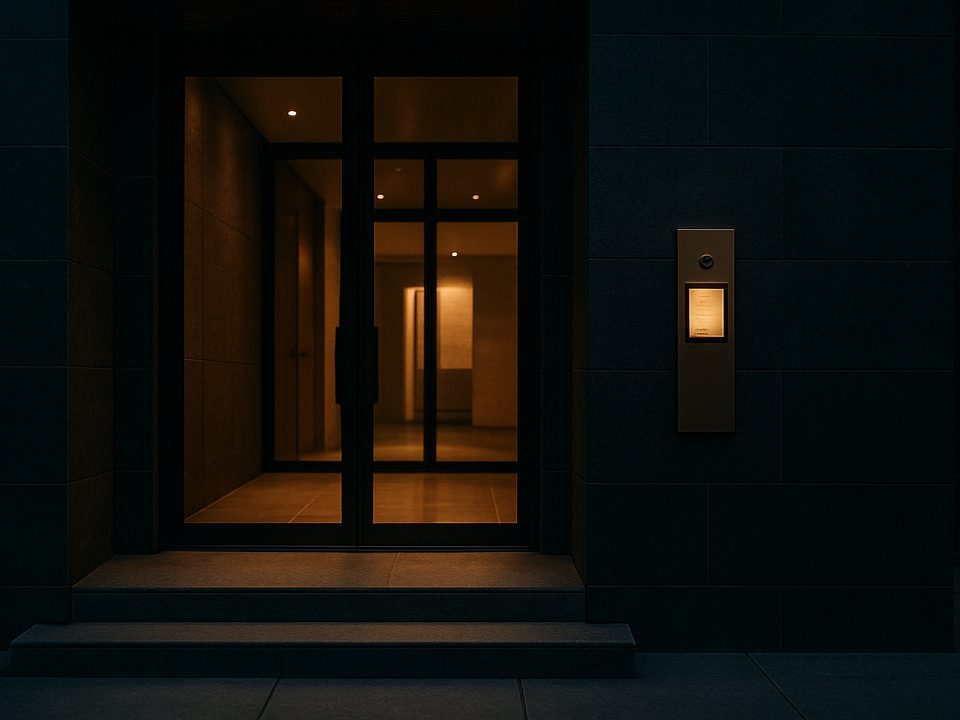 Entrance of a multi-unit building at dusk with a video entry panel beside the glass doors