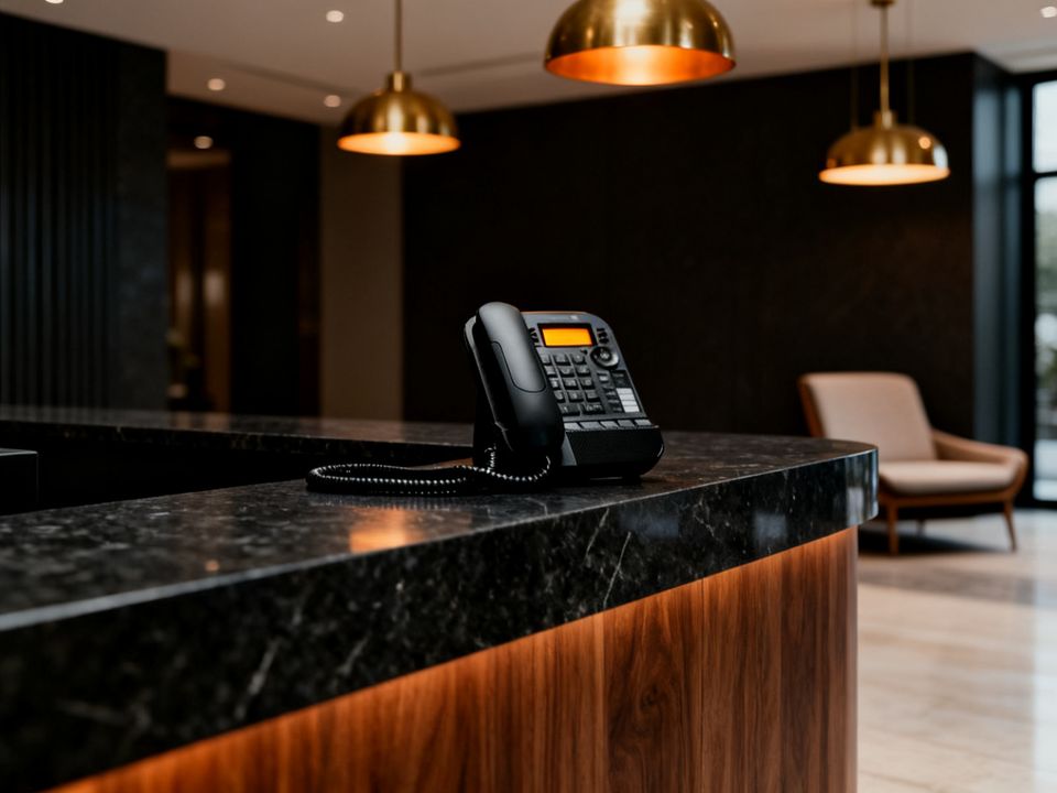 Desk phone on an office reception counter