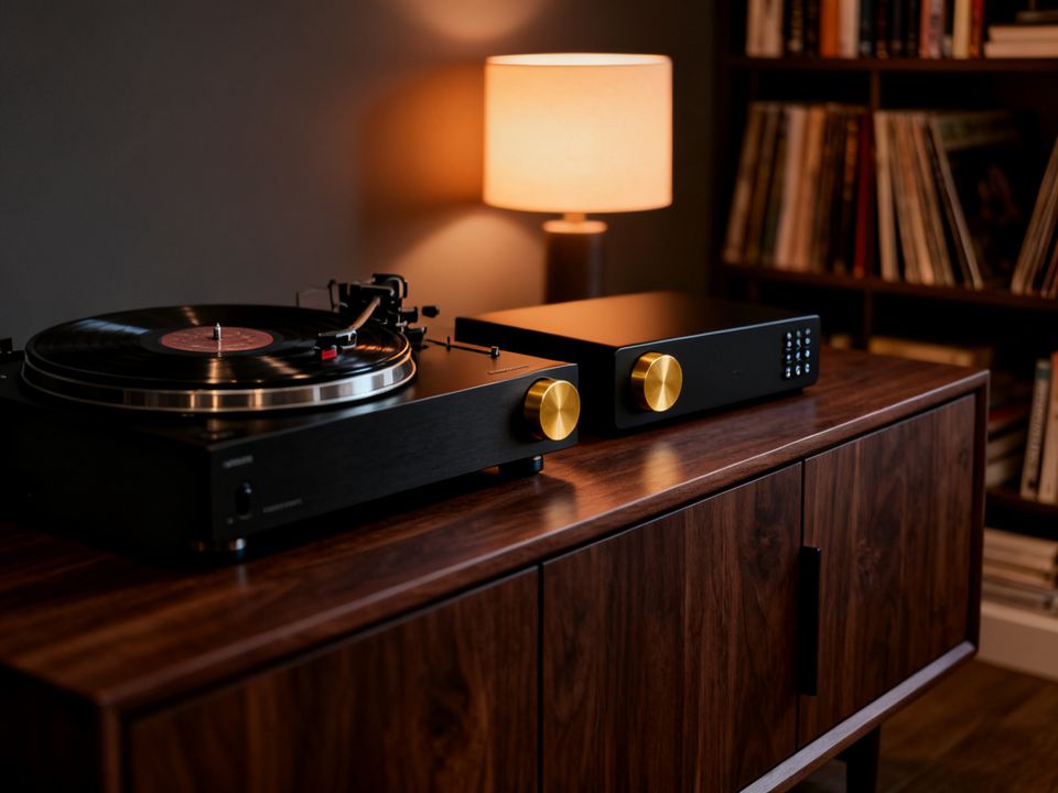 Turntable and music amplifier on a walnut credenza