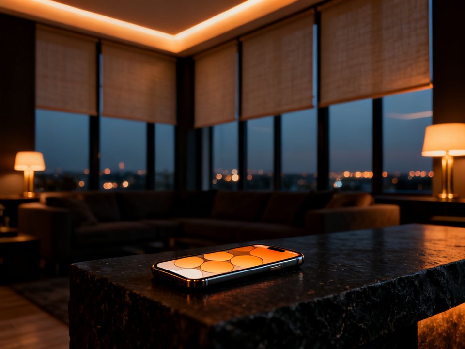 Living room at dusk with shades lowered and lights dimmed from a phone