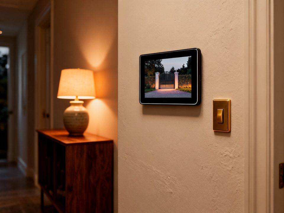 Indoor video intercom screen in a hallway showing the front gate