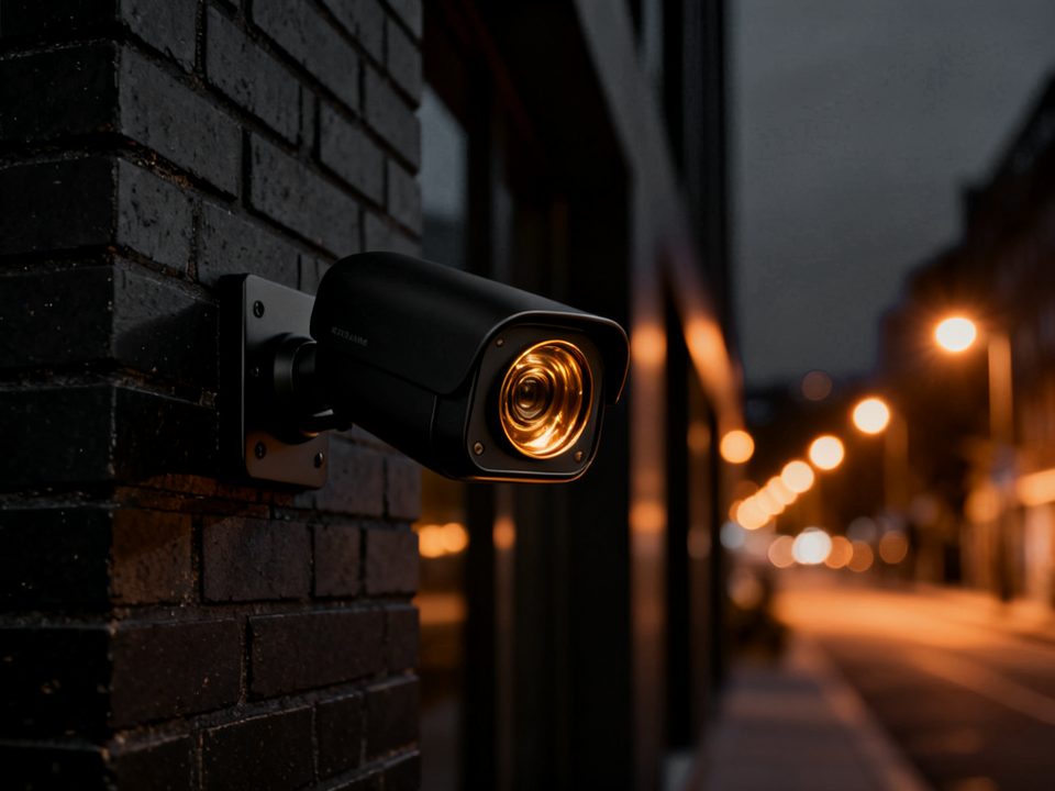 Black turret security camera on a brick building corner at dusk